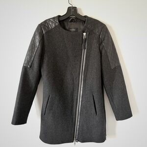Mackage Wool Cashmere Coat Quilted Leather Shoulder Asymmetrical Zip Grey Small